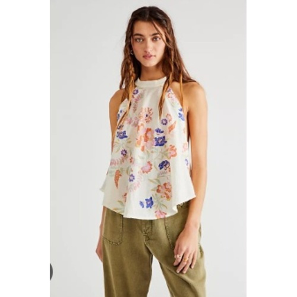 Free People Emily Floral Halter Tie-Back Top Ivory Cotton Gauze OB1434194 Large